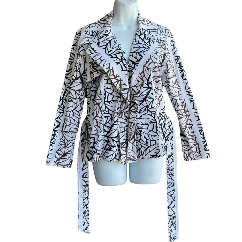 FINLEY Women’s Jacket Size M White Black Brown Floral Belted Zip Up